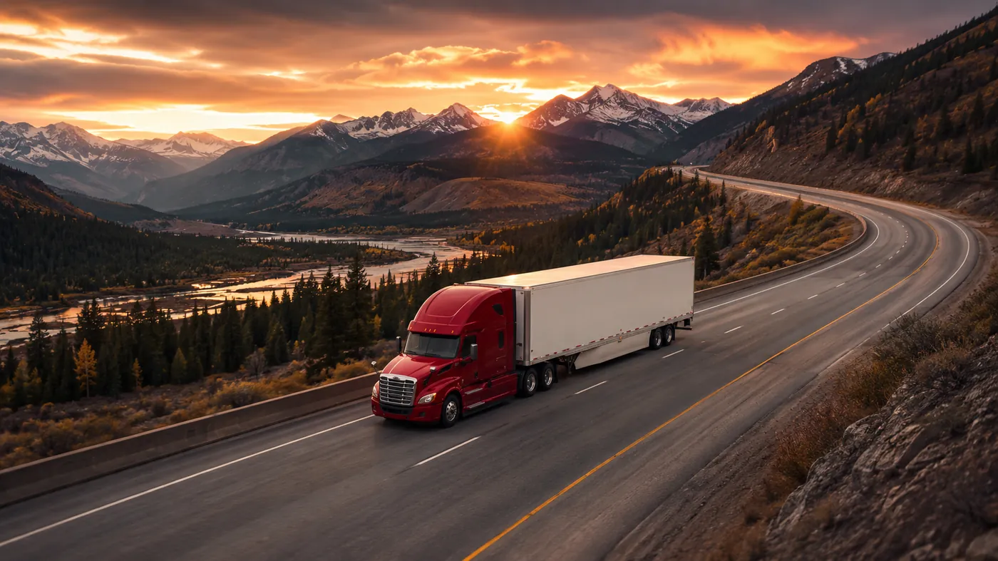 Arba Express truck on a scenic mountain interstate at sunset